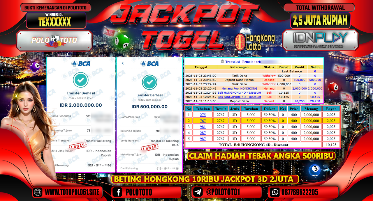 POLOTOTO JACKPOT TOGEL MENANG HONGKONG LOTTO Rp.2.500.000,- LUNAS