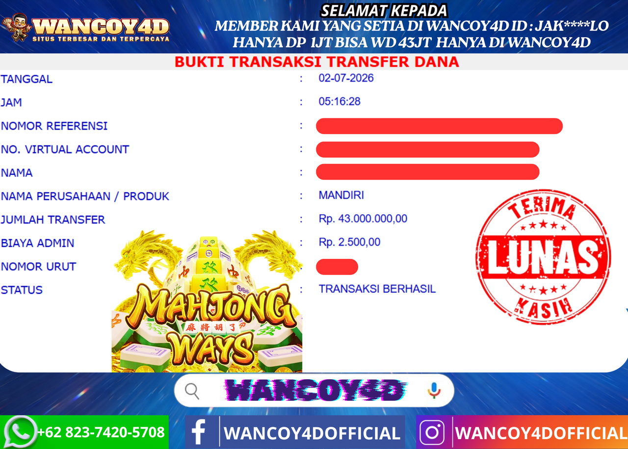 WANCOY4D MAHJONG WAYS PG SOFT RP.43.000.000 -LUNAS