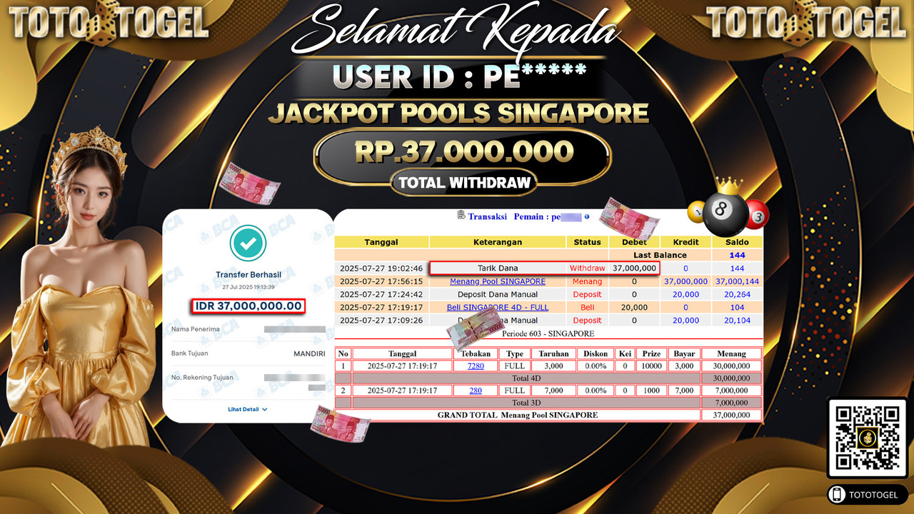 Bukti Pembayaran Jackpot Permainan Togel Pools Singapore ID:PE***** LUNAS