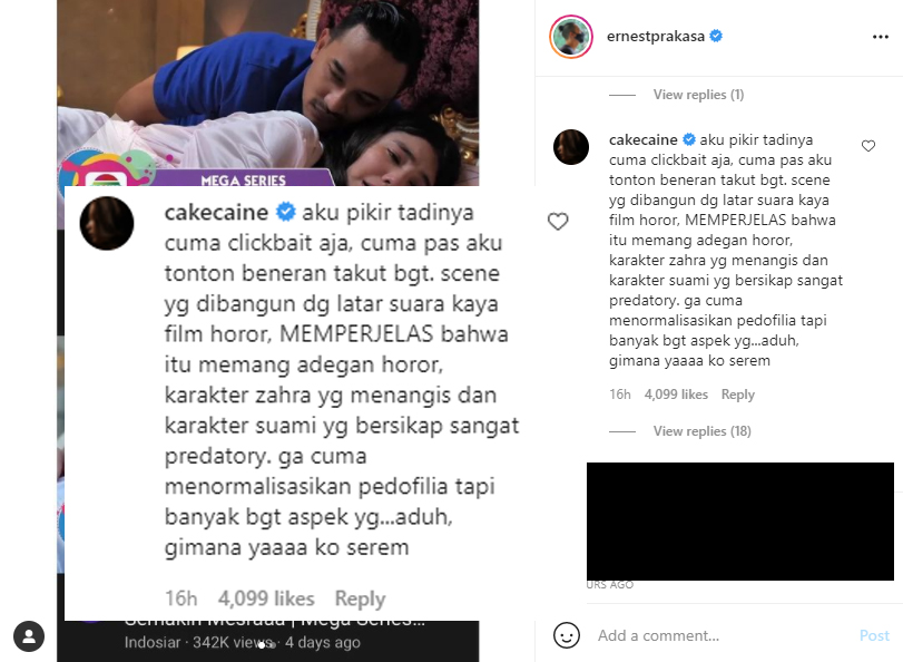 Nadin Amizah mengomentari postingan Ernest Prakasa, ia merasa takut saat melihat tayangan sinetron Suara Hati Istri: Zahra yang menormalisasi pedofilia.