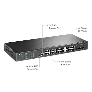 Visão detalhada dos slots SFP do Switch TP-Link TL-SG3428 para módulos de fibra óptica.