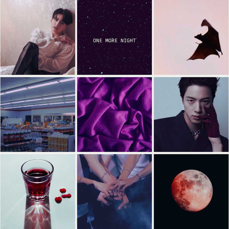 Mood board containing images of Jungkook, Jin, a starry nigh sky, a bat, purple bed sheets, a glass of red liquid, a red moon, a convivence store, and an image of BTS holding their hands together