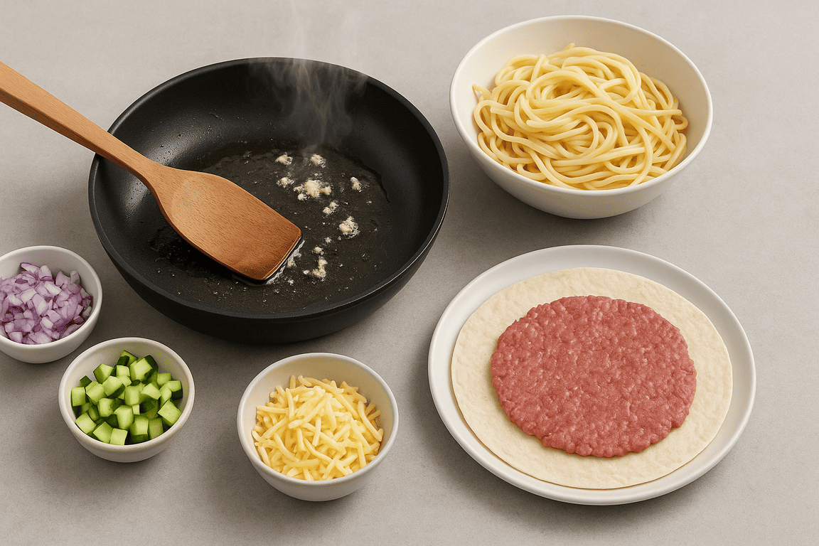 Рабочая поверхность с ингредиентами и горячей сковородой