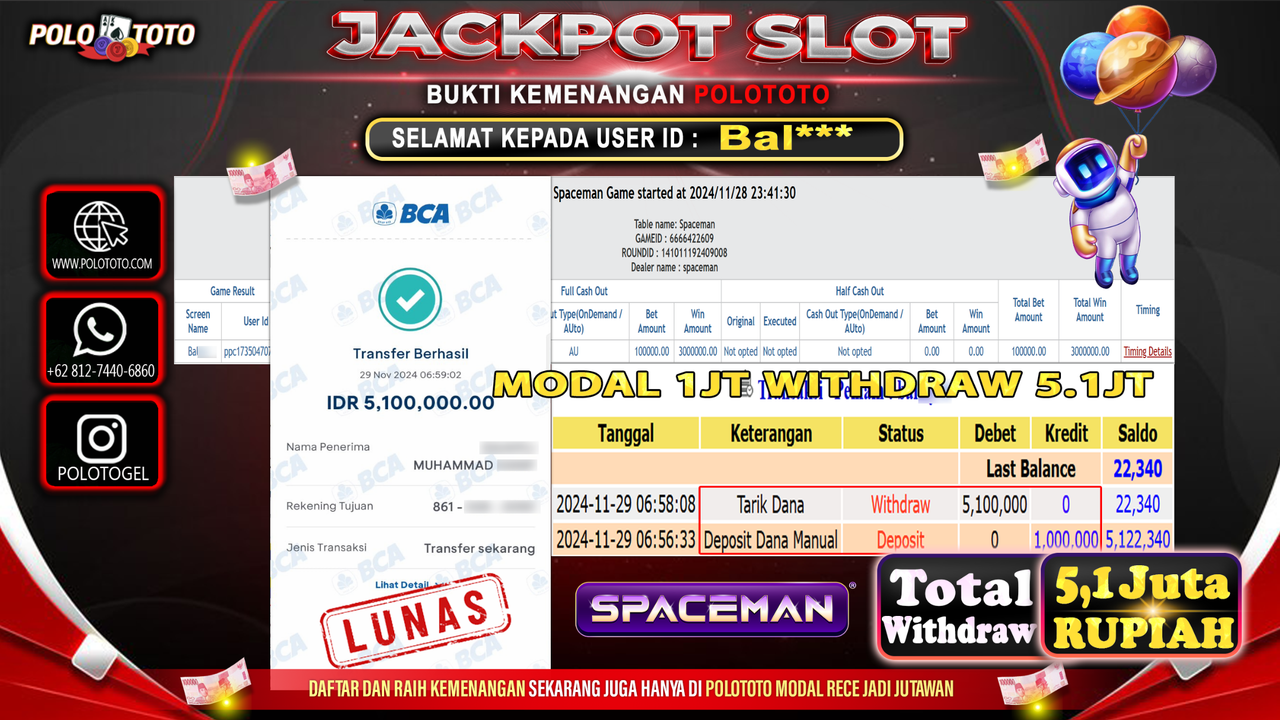 POLOTOTO JACKPOT LIVE GAME SPACEMAN Rp.5,100.000,-