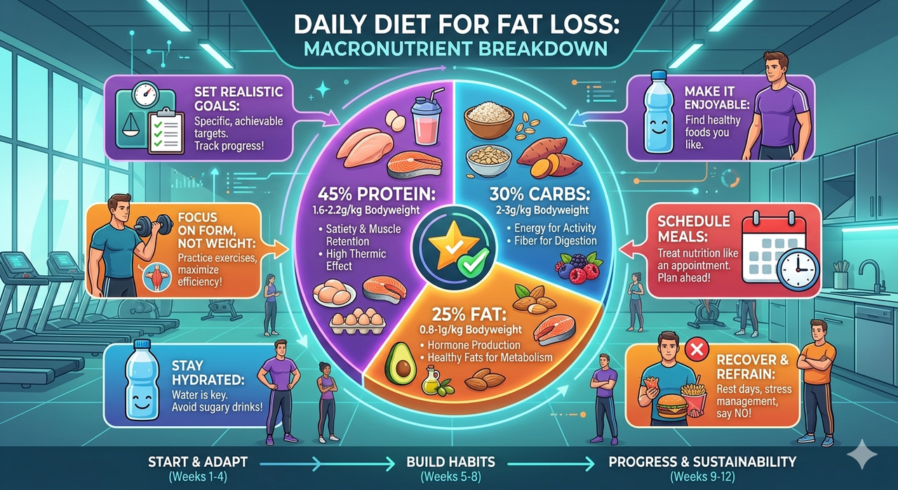 Daily diet for fat loss macronutrient breakdown showing protein carbs and fat ratios for weight loss diet plan