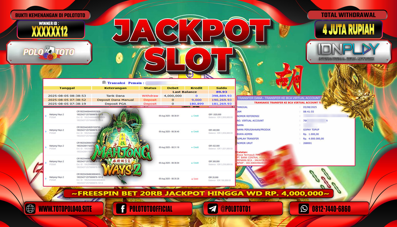 POLOTOTO JACKPOT SLOT MAHJONG WINS 2 Rp.4.000.000,-LUNAS