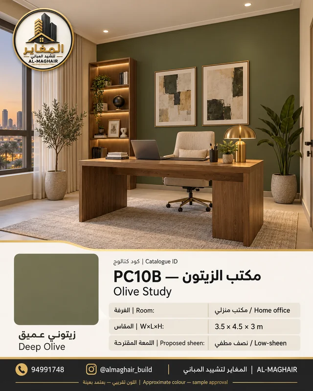 PC10B مكتب الزيتون بلون زيتوني عميق، مكتب منزلي بمقاس 3.5 في 4.5 وارتفاع 3 أمتار، تصور أصباغ المغاير في الكويت.