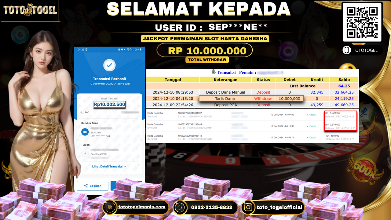 Bukti Pembayaran Jackpot Permainan Slot Harta Ganesha ID: SEP***NE** LUNAS