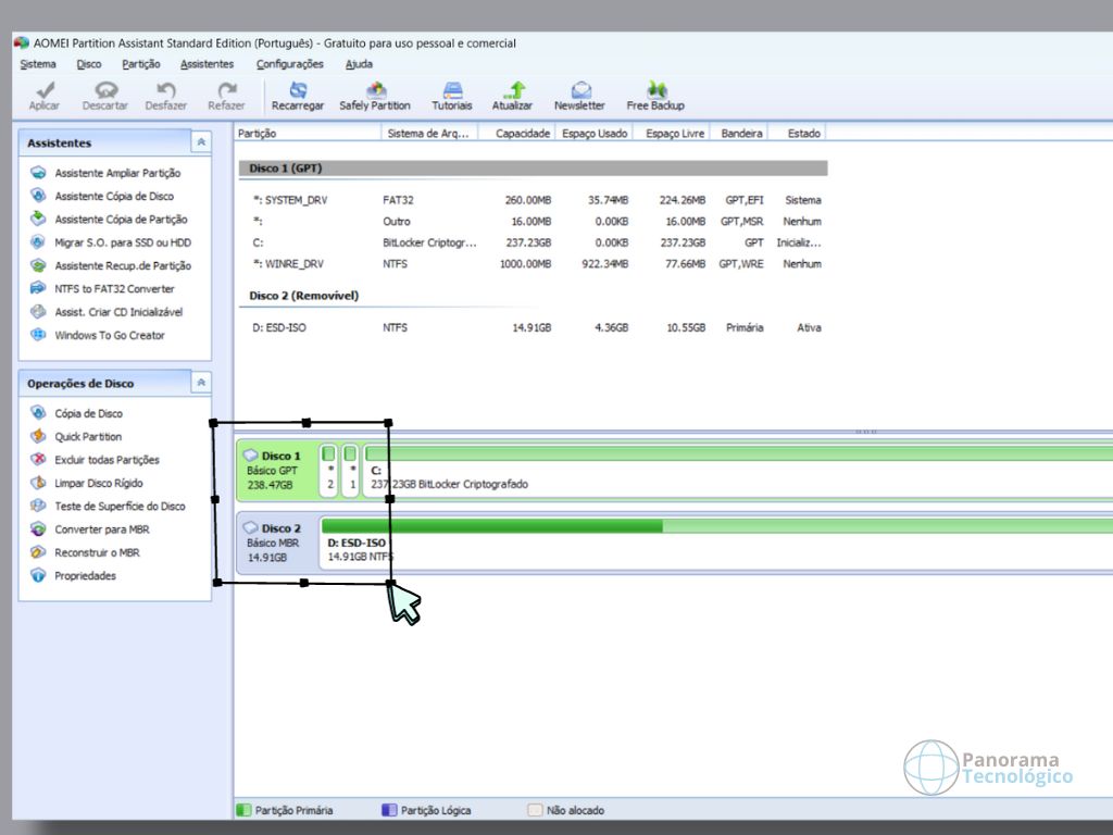 Print da tela principal do software AOMEI Partition Assistant mostrando os discos listados.