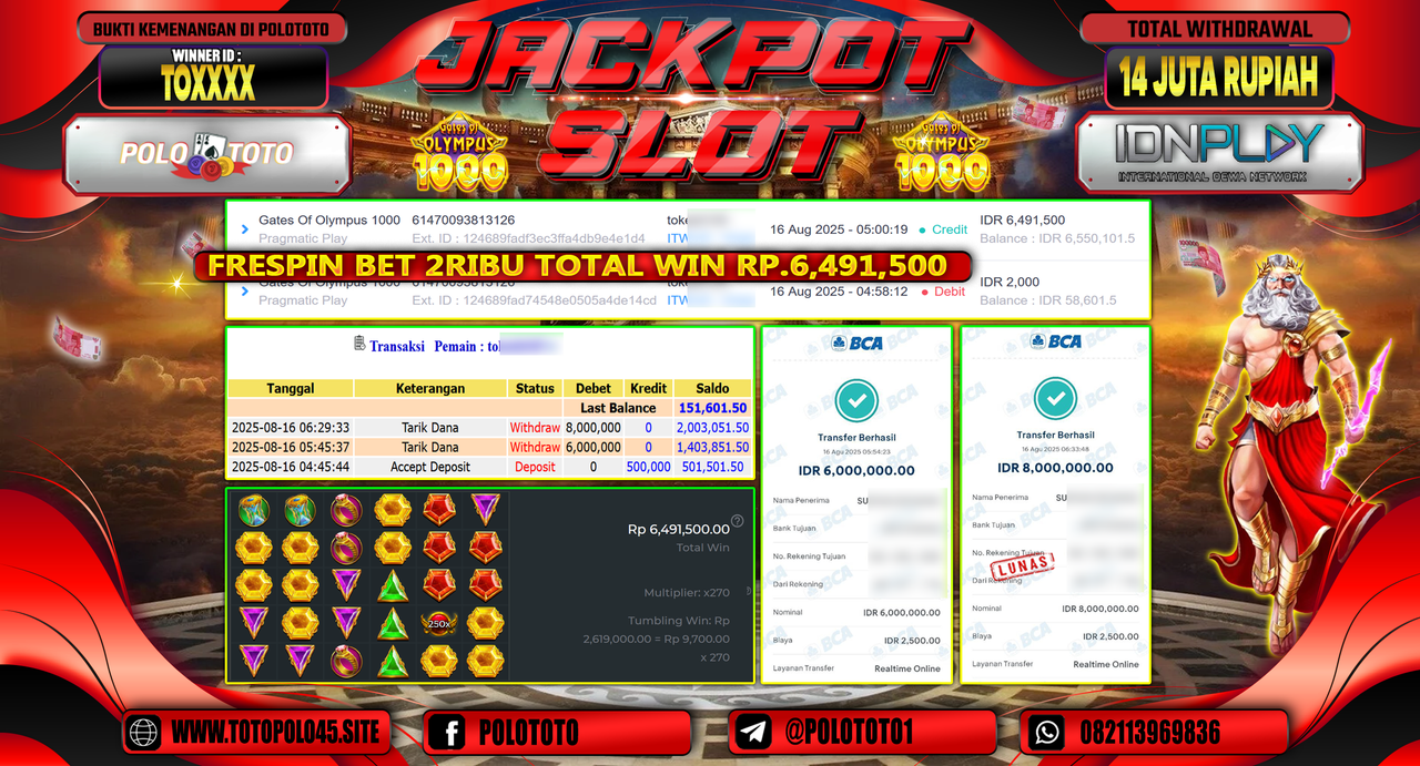 POLOTOTO JACKPOT SLOT GATES OF OLYMPUS 1000 Rp.14.000.000,-