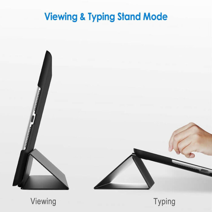 Funda para iPad mostrando su capacidad de funcionar como soporte en múltiples ángulos.