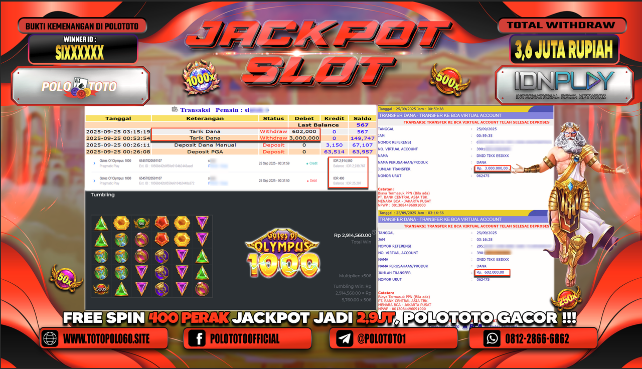 POLOTOTO JACKPOT SLOT GATES OF OLYMPUS 1000 Rp.3.600.000,- LUNAS