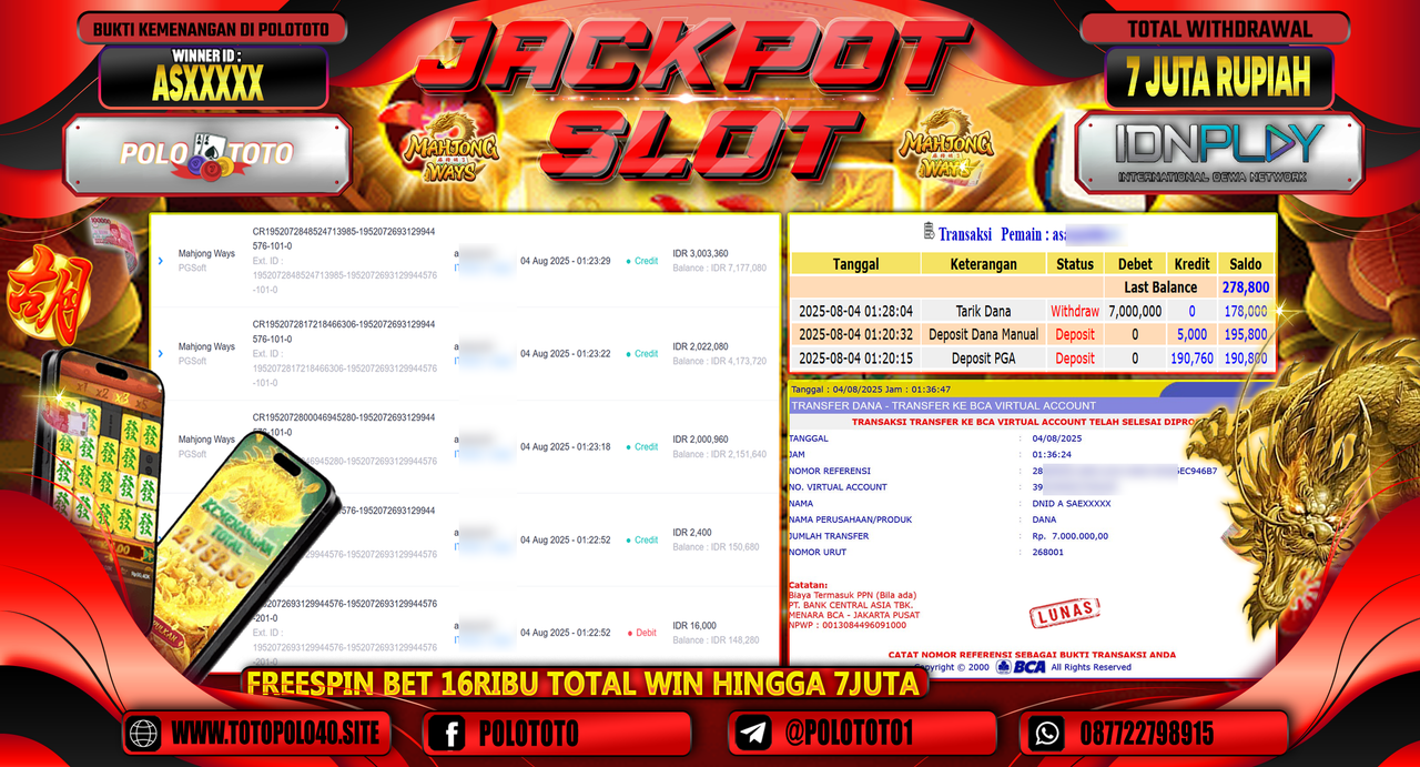 POLOTOTO JACKPOT SLOT MAHJONG WAYS Rp.7.000.000,-LUNAS