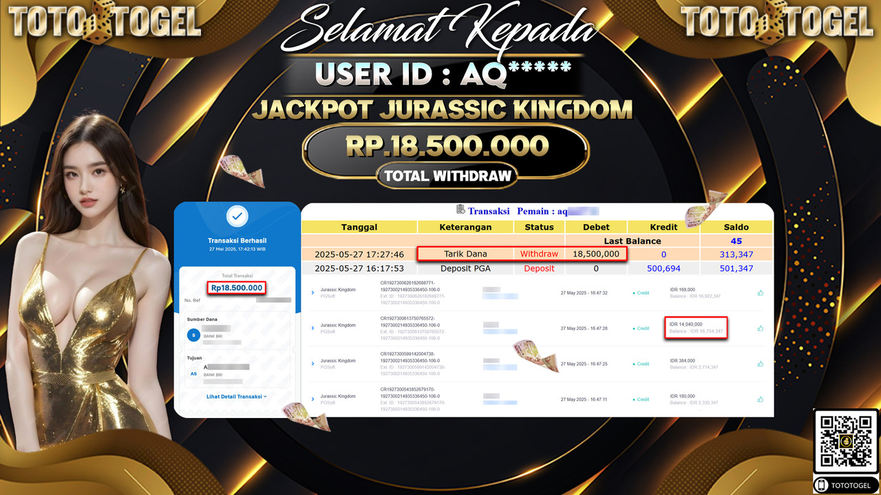 Bukti Pembayaran Jackpot Permainan Slot Jurassic Kingdom ID:AQ***** LUNAS