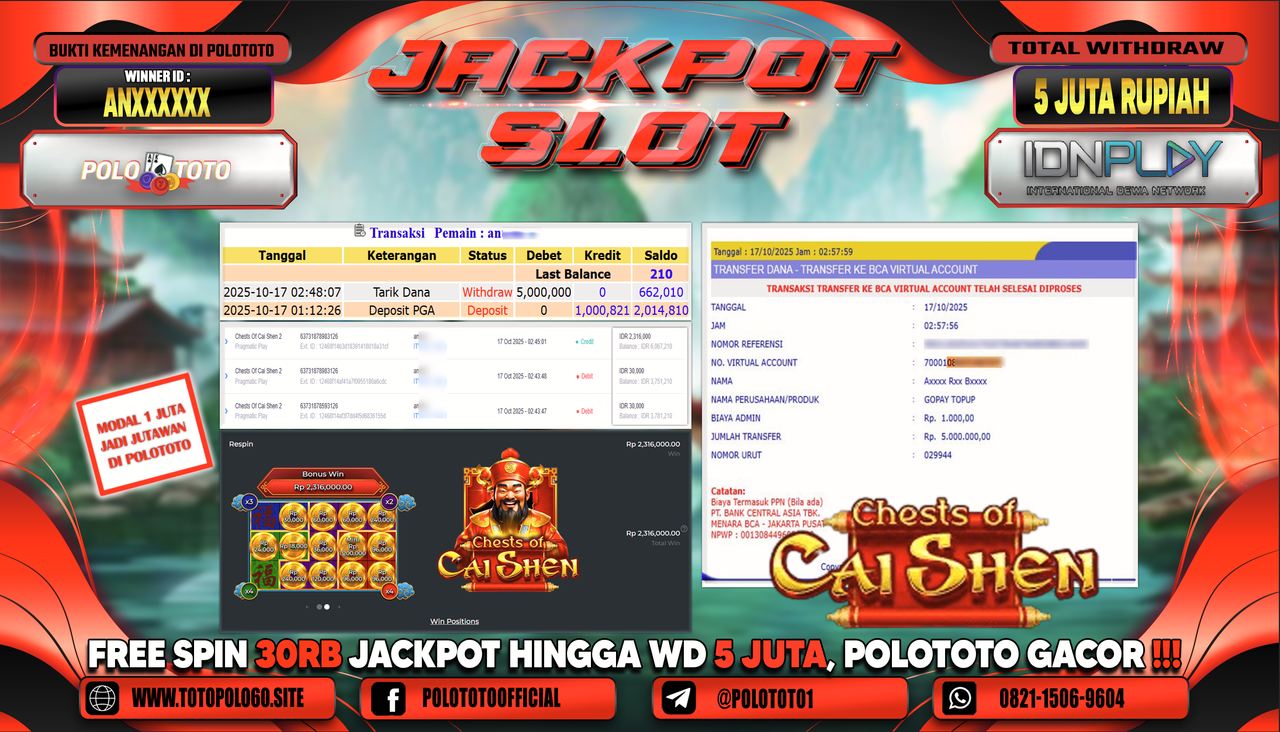 POLOTOTO JACKPOT SLOT CHESTS OF CAI SHEN 2 Rp.5.000.000,-