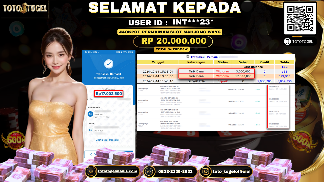 Bukti Pembayaran Jackpot Permainan Slot Mahjong Ways  ID: INT***23* LUNAS