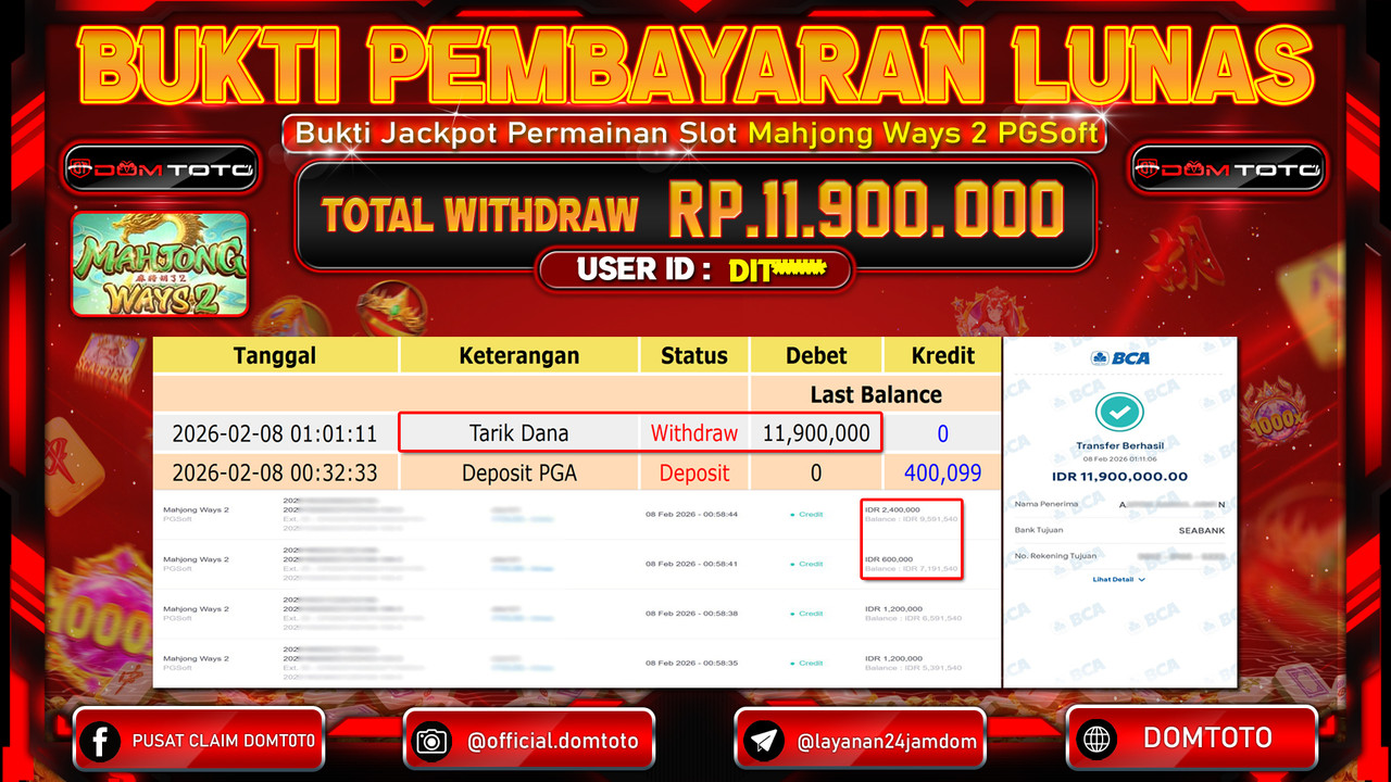 JACKPOT SLOT Mahjong Ways 2 PGSoft 08 FEBRUARI 2026