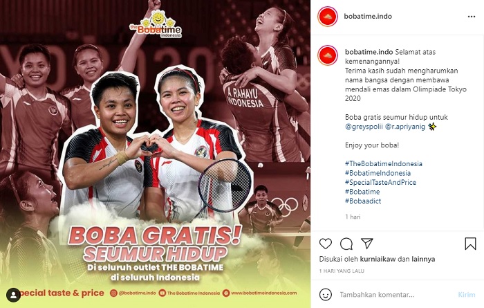 Hadiah boba gratis seumur hidup untuk Greysia Polii dan Apriyani Rahayu.