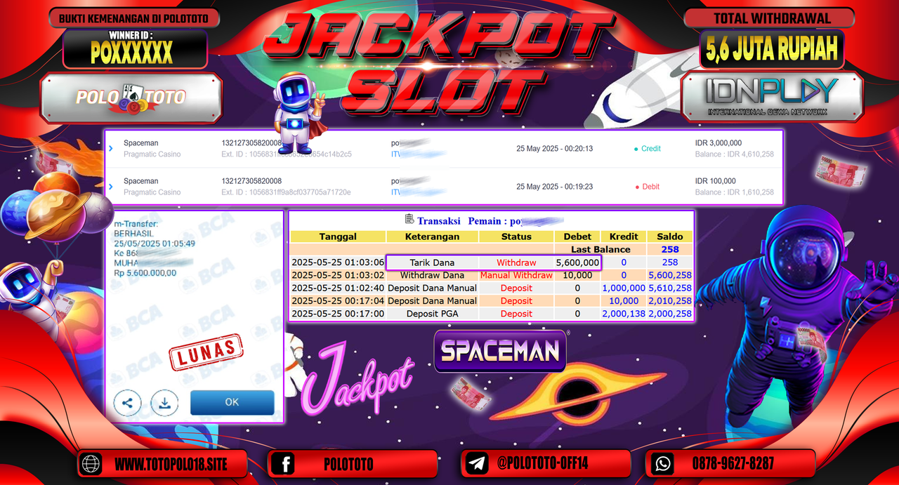 POLOTOTO JACKPOT SLOT SPACEMAN Rp.5.600.000,-