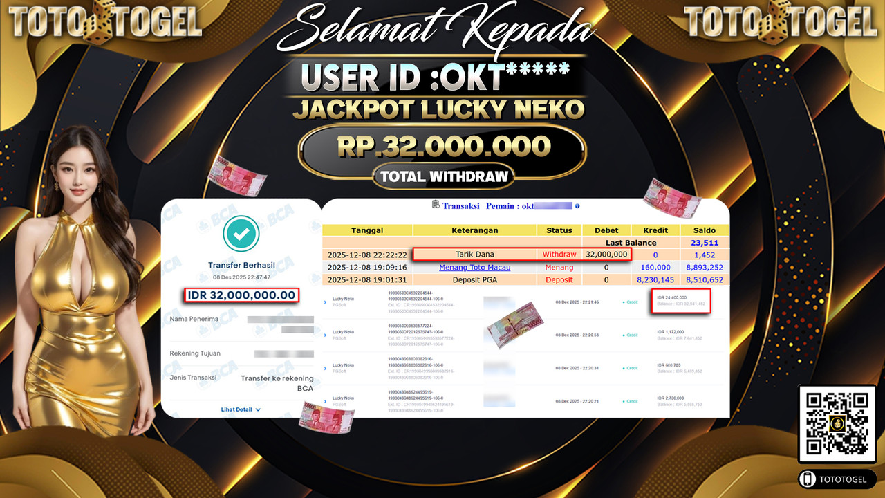 Bukti Pembayaran Jackpot Permainan Slot Lucky Neko ID:OKT***** LUNAS