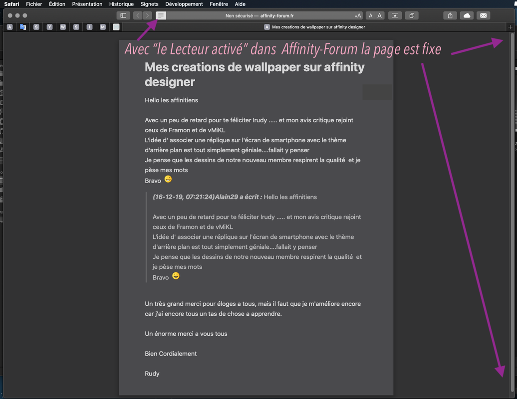 Page fixée avec "Lecteur" activé