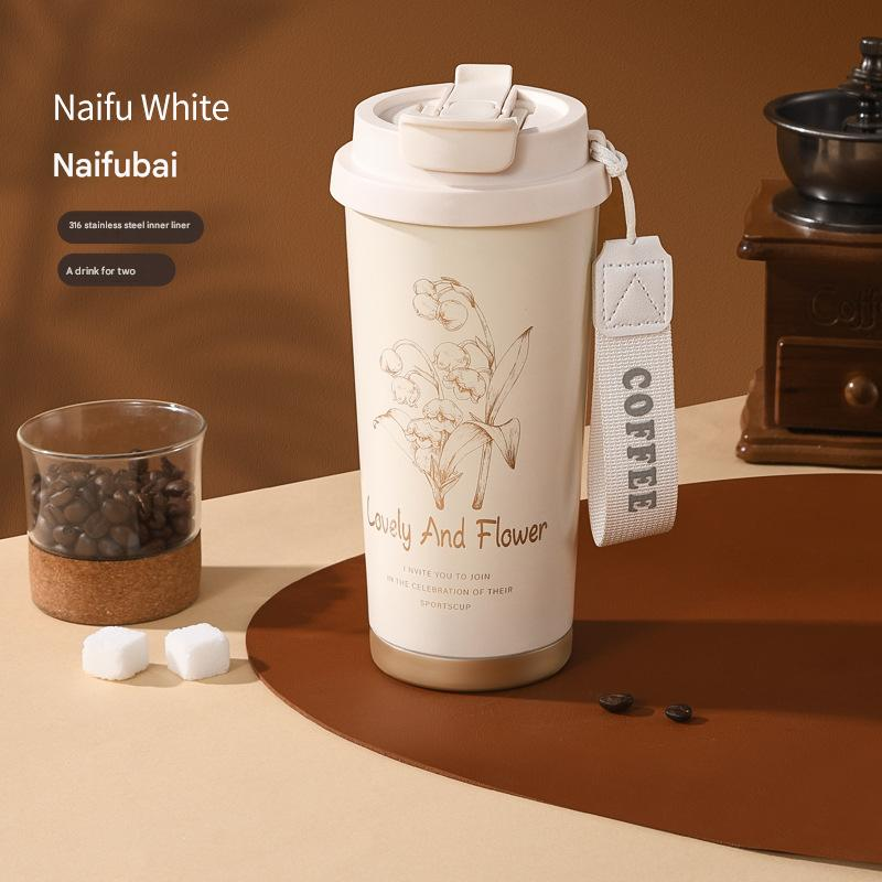 White 316 Stainless Steel Insulated Coffee Tumbler 500ml with Dual-Use Lid, Lily of the Valley Design, Leak-Proof Sip and Straw, BPA-Free Thermal Cup for Hot Cold Beverages