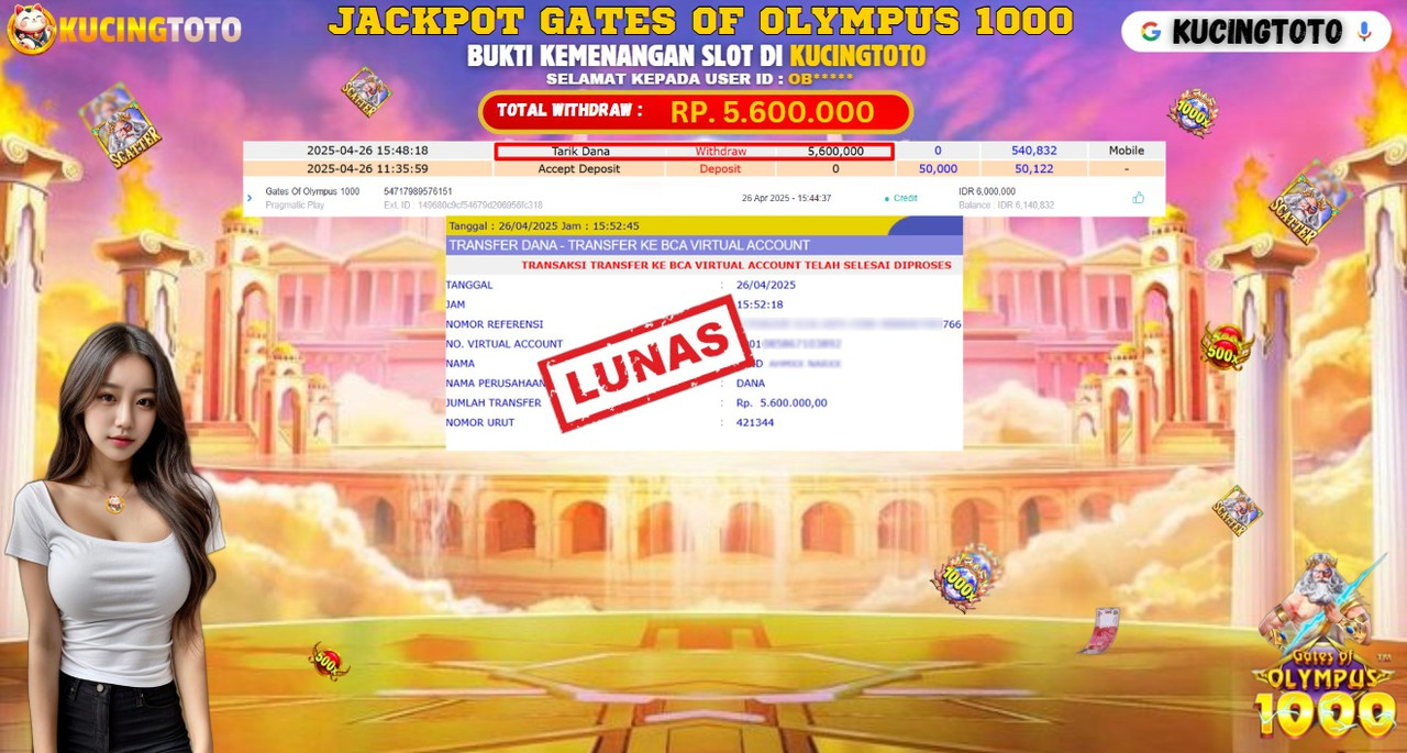 KUCINGTOTO JACKPOT SLOT GATES OF OLYMPUS 1000 RP.5.600.000.,- LUNAS