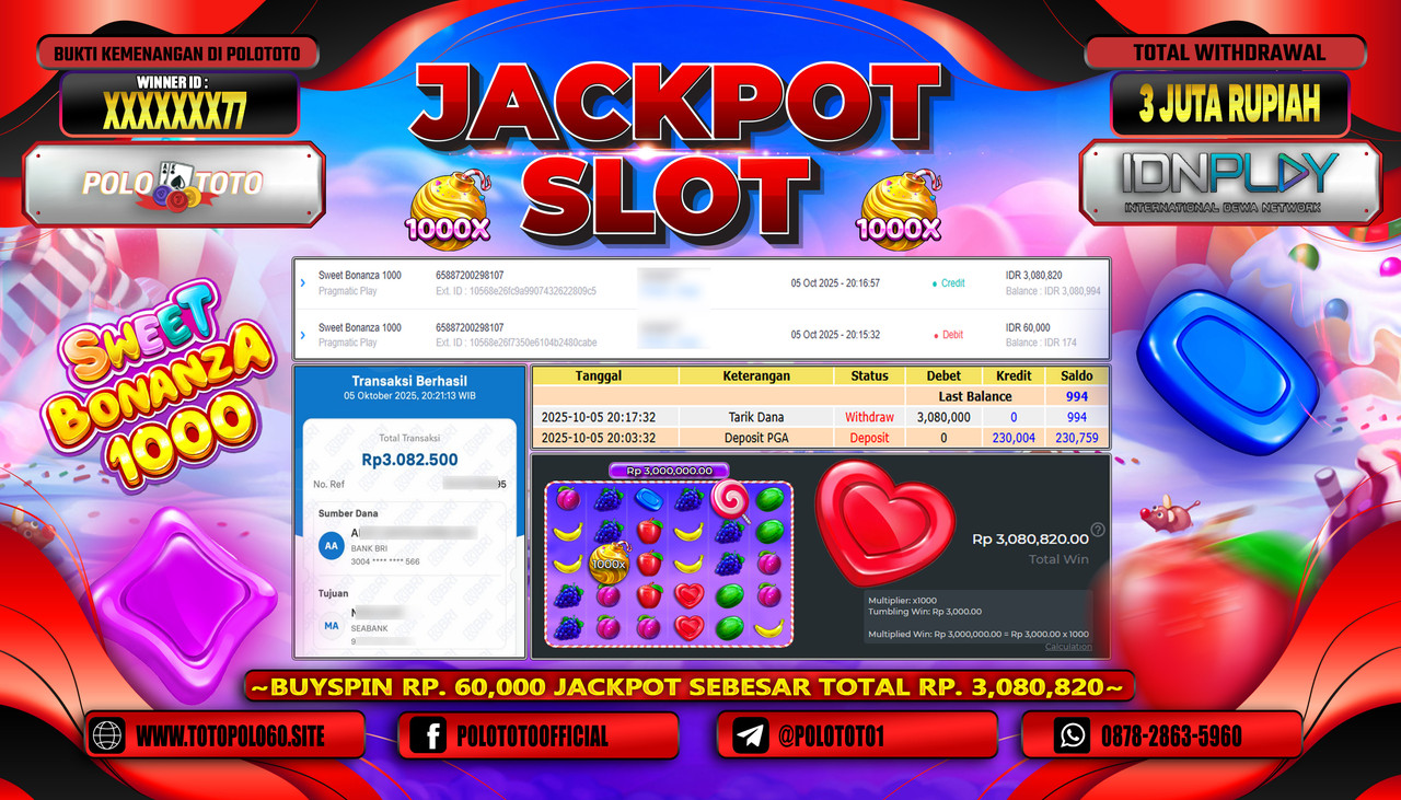 POLOTOTO JACKPOT SLOT SWEET BONANZA 1000 Rp.3.000.000,- LUNAS