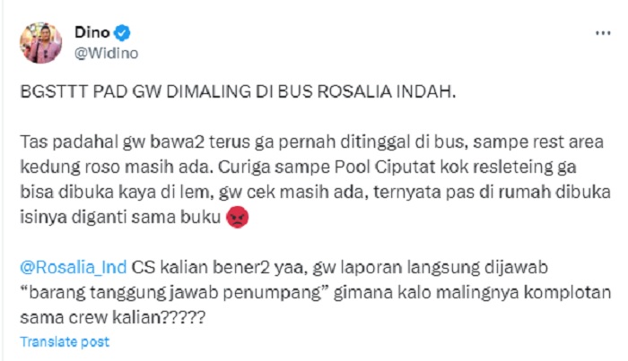 Keluhan penumpang yang mengaku barangnya di maling selagi melakukan perjalanan dengan bus Rosalia Indah.