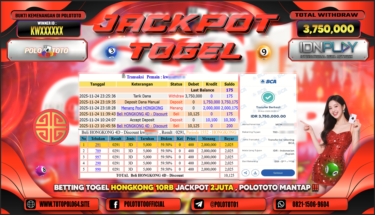 POLOTOTO JACKPOT TOGEL MENANG HONGKONG LOTTO Rp.3.750.000,- LUNAS