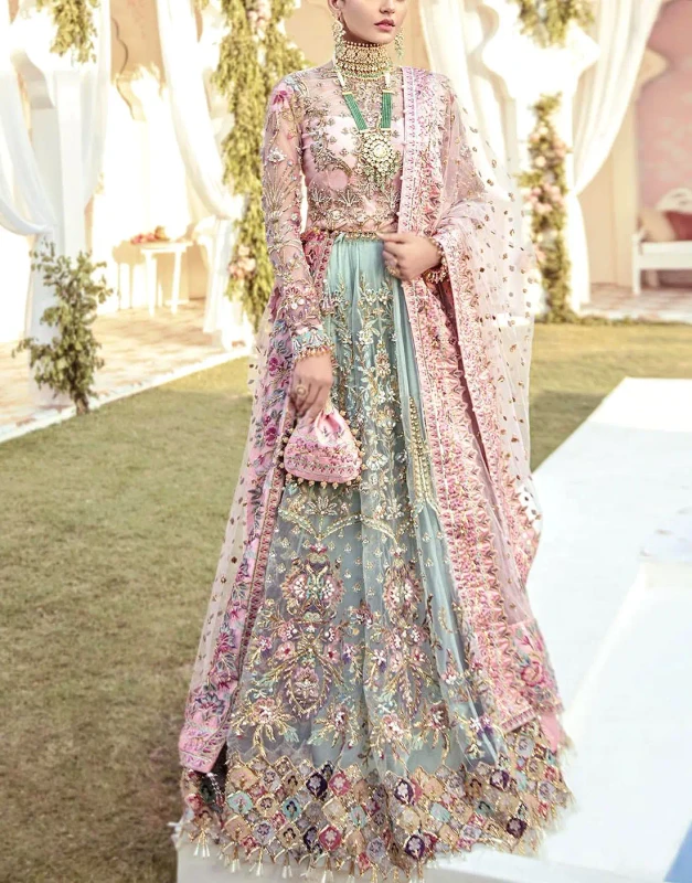 Blush Pink & Sage Green Embroidered Net Bridal Lehenga – Unstitched Luxury Wedding & Party Outfit with Colorful Embellishments