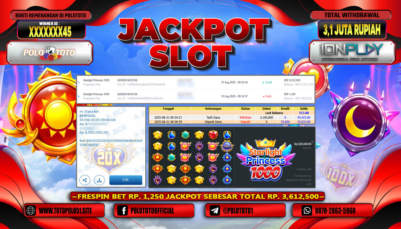 POLOTOTO JACKPOT SLOT STARLIGHT PRINCESS 1000 Rp.3.100.000,- LUNAS