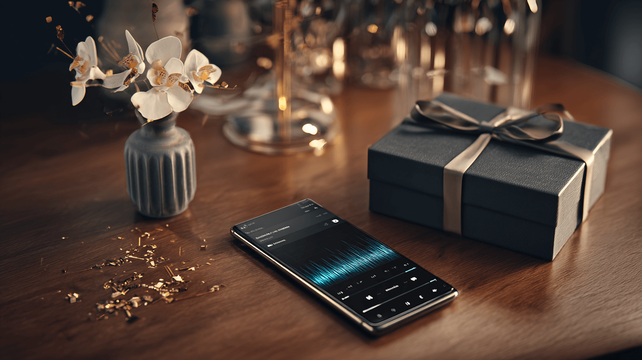 Смартфон с запущенным музыкальным треком на рабочем столе руководителя рядом с подарком, цветами и конфетти. Концепция делового поздравления