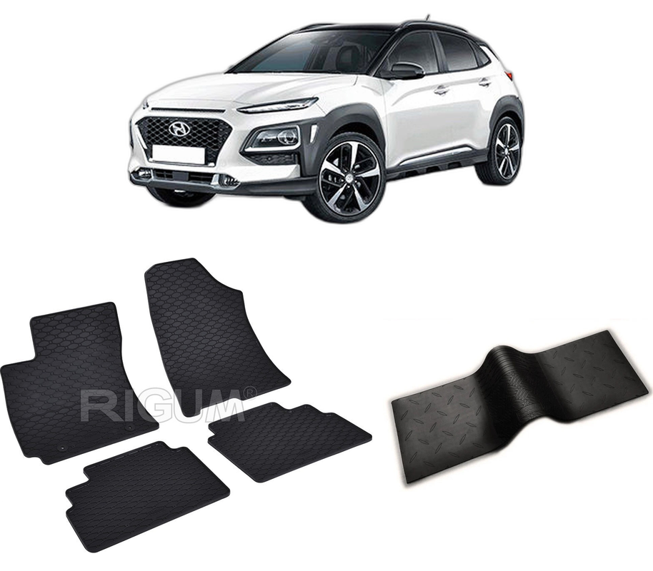 Set covorase auto HYUNDAI KONA din 11.2017-03.2023, cu covoras tunel median, CAROSERIE SUV, Presuri cauciuc 100%, compatibil cu autoturismul HYUNDAI KONA, Rigum