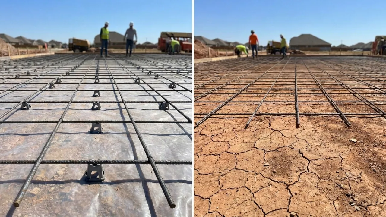 Rebar grid elevated on chairs inside concrete driveway forms in San Antonio, TX — the steel is positioned in the middle of the 5-inch slab depth so it can resist tension when expansive clay soil moves during Texas drought and rain cycles