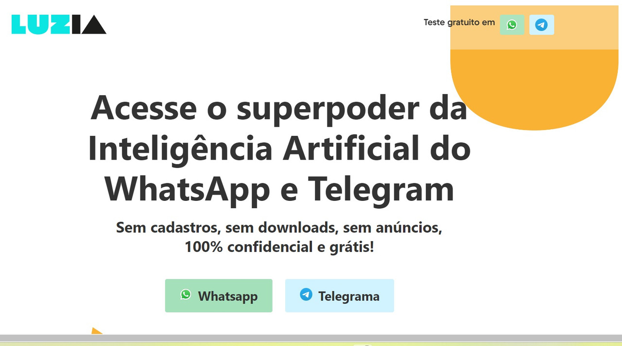 Home page da LuzIA, inteligência atificial que pode ser acessada no WhatsApp e Telegram. https://soyluzia.com/