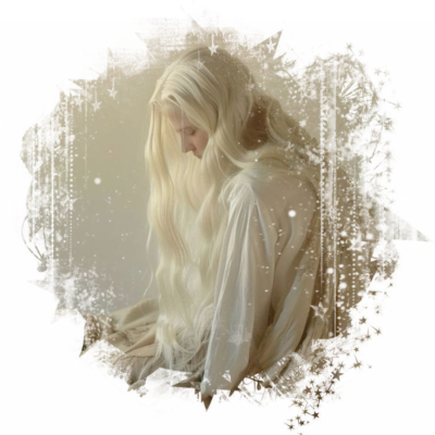ID: An image of Yvain, they have long white hair that obscures most of their figure.