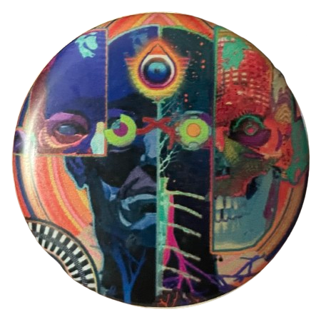 a sort of malleable, plastic pin from the los angeles 'samskara' exhibit by android jones. in the pin is the face of a man, with what seems like plates of his face on the sides, all in different psychedelic colors