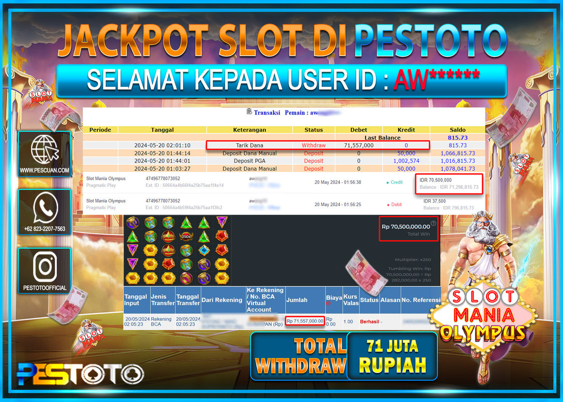 HANYA DI PESTOTO JP PASTI DI BAYAR LUNAS DAN CEPAT!!!!!! JP SLOT{ SLOT MANIA OLYMPUS  } Rp.71.000.000 !!!!!