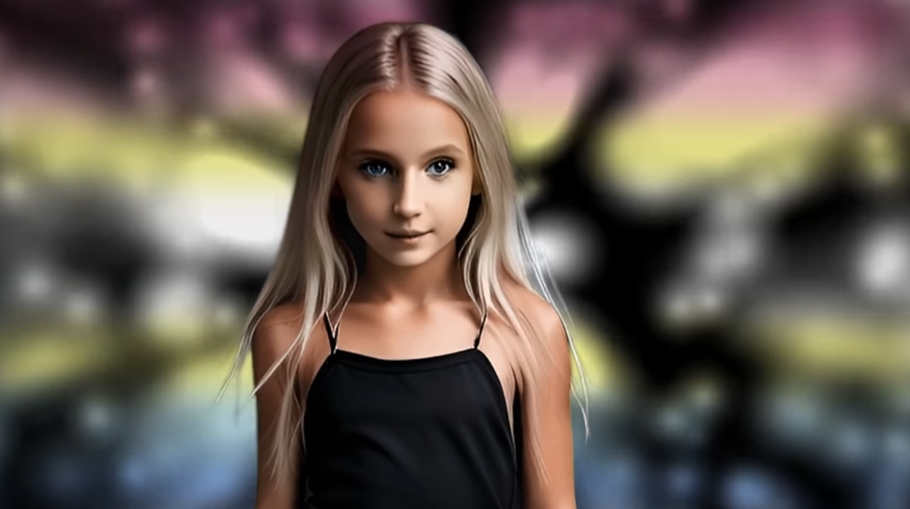 an image of an AI generated child thats white with blonde hair and blue eyes standing in front of an animated pedophile flag wearing a black strappy tank top