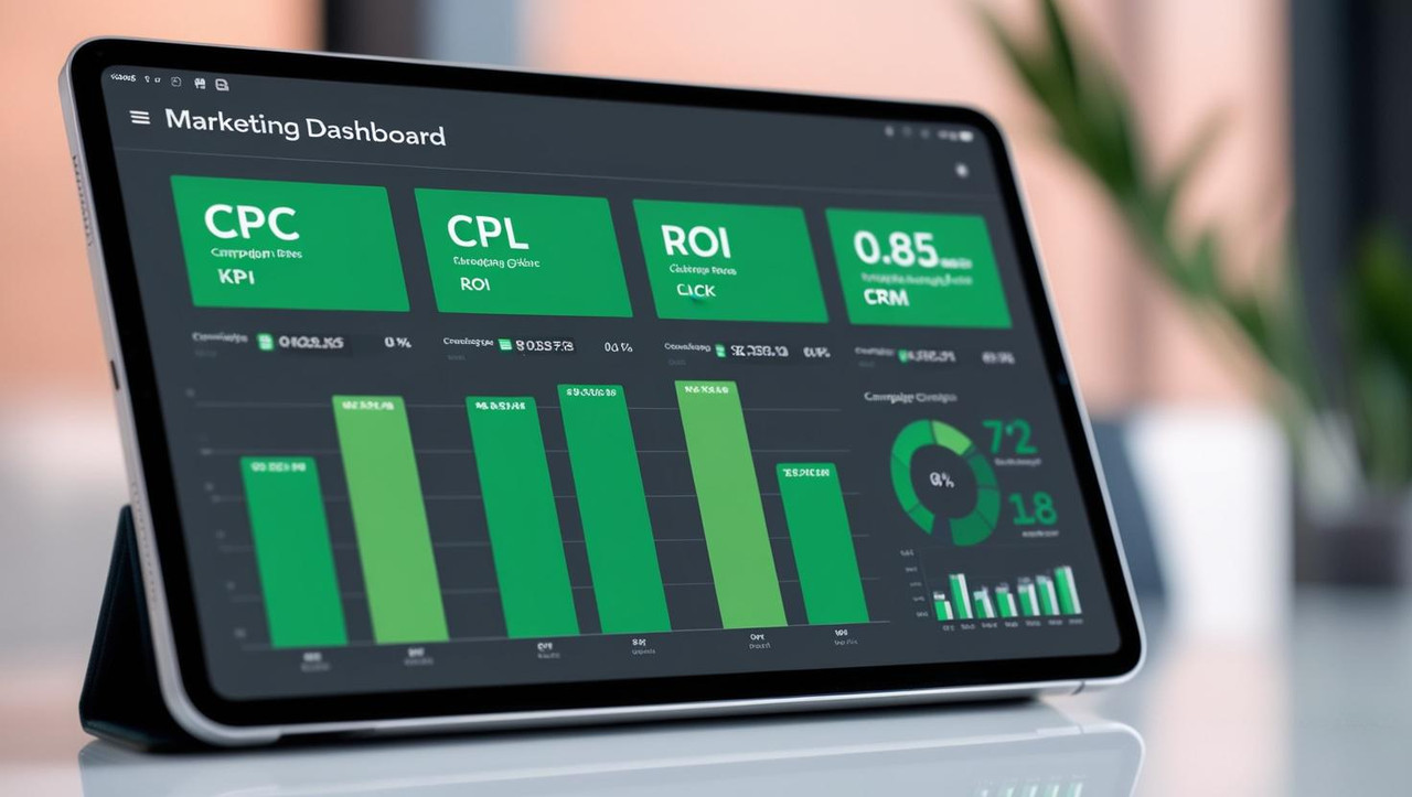 Imagem de um dashboard de marketing com indicadores de campanhas