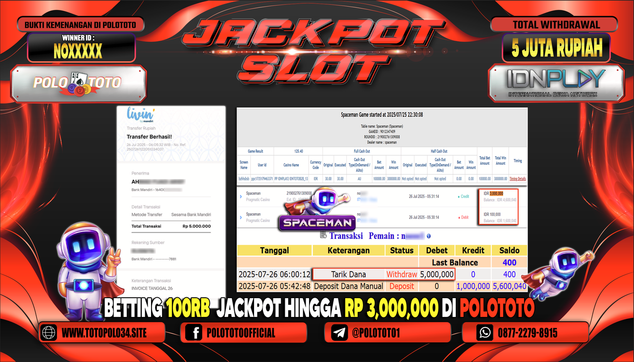 POLOTOTO JACKPOT SLOT SPACEMAN Rp.5.000.000,-
