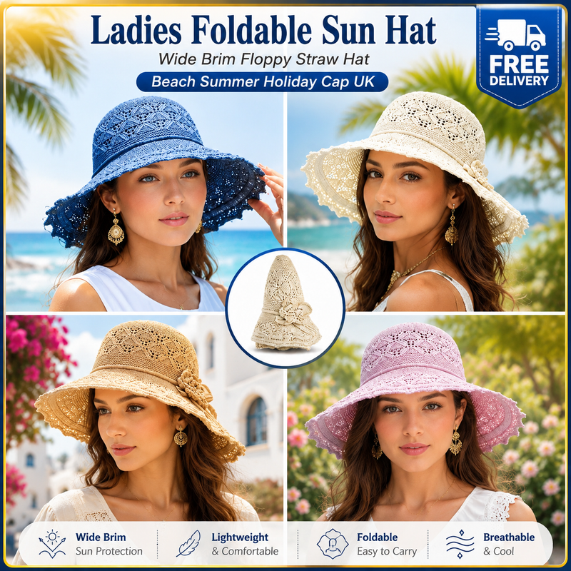 Ladies Wide Brim Floppy Foldable Packable Summer Beach Sun Hat