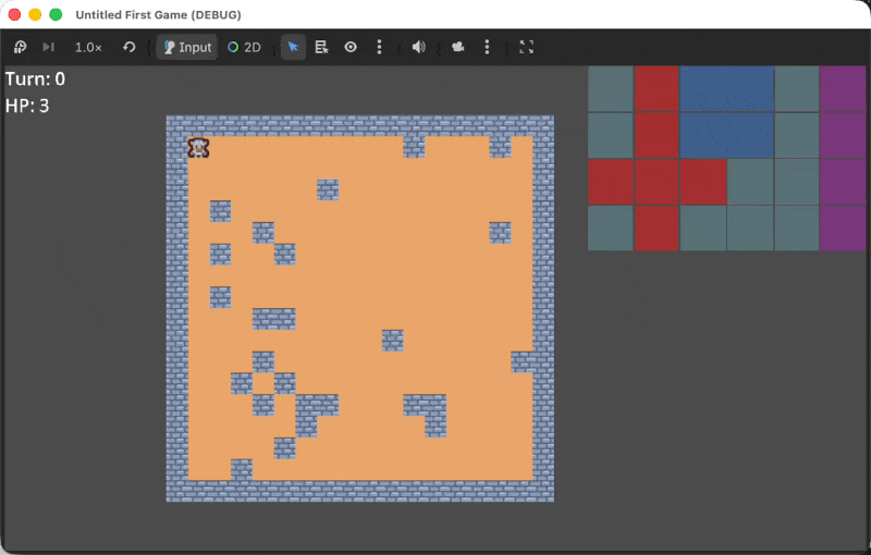 A 2D pixel dwarf sprite moving along a grid and dying.