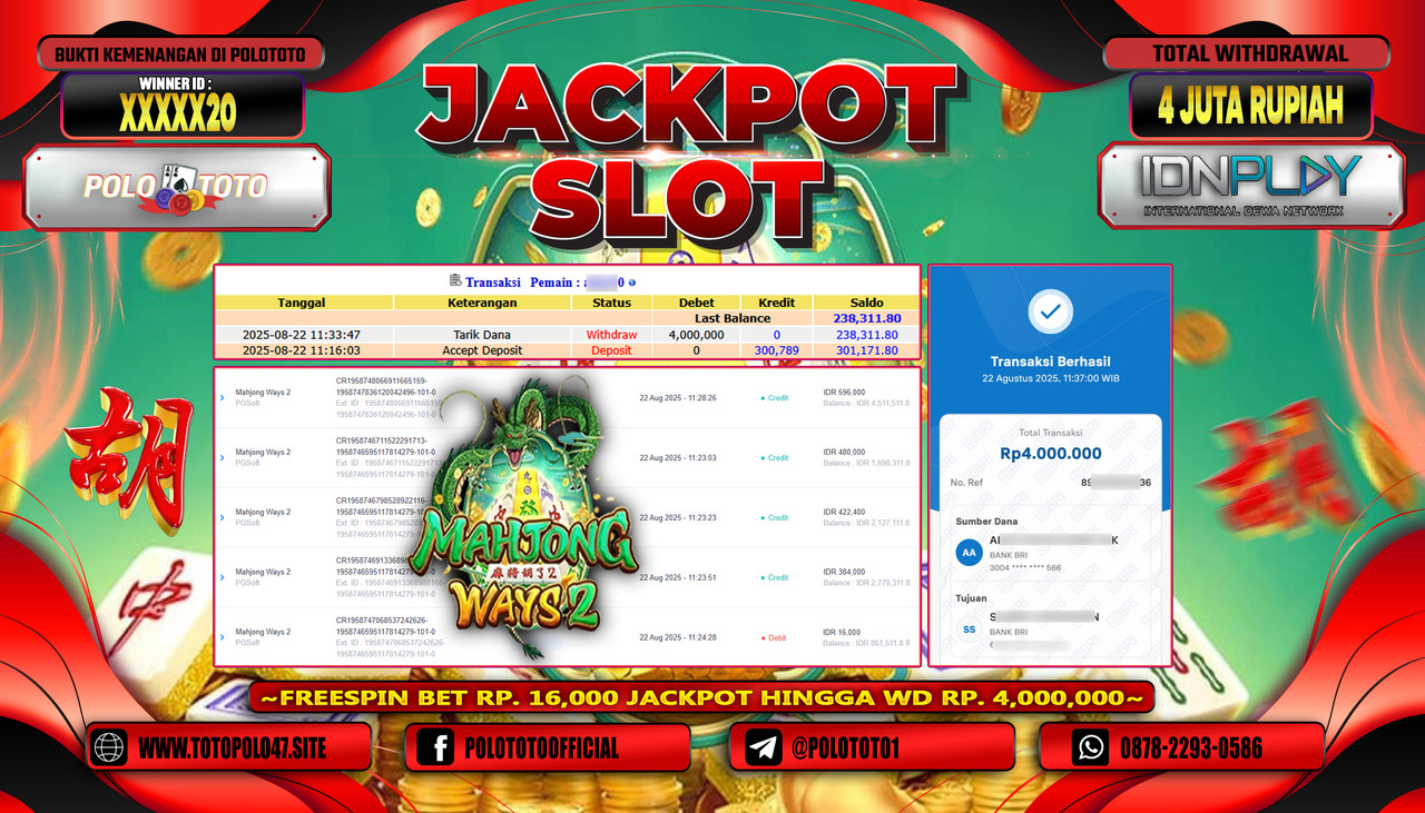 POLOTOTO JACKPOT SLOT MAHJONG WAYS 2 Rp.4.000.000,- LUNAS