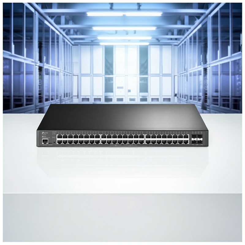 Detalhe das portas 10 Gigabit SFP+ para uplinks de alta velocidade.
