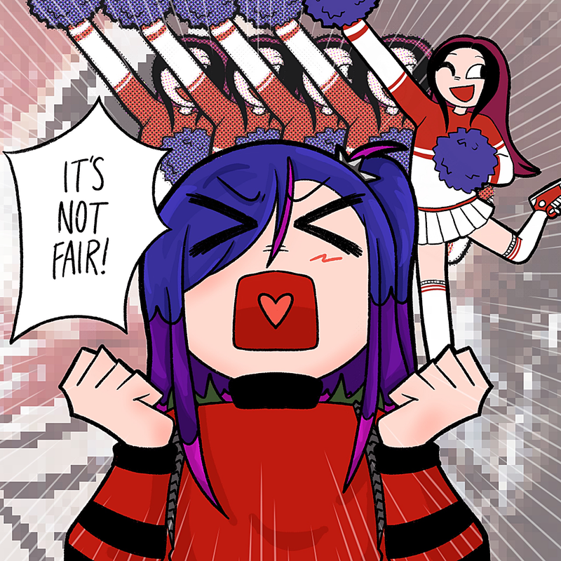 a drawing of kairi sane screaming 'it's not fair!' and wearing porter robinson's outfit from the cheerleader music video. behind her is a series of repeating images of iyo sky, happily striking a cheer pose in the cheerleader outfit from the video