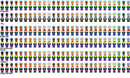 a row of people with pride flag shirts and light blue hair