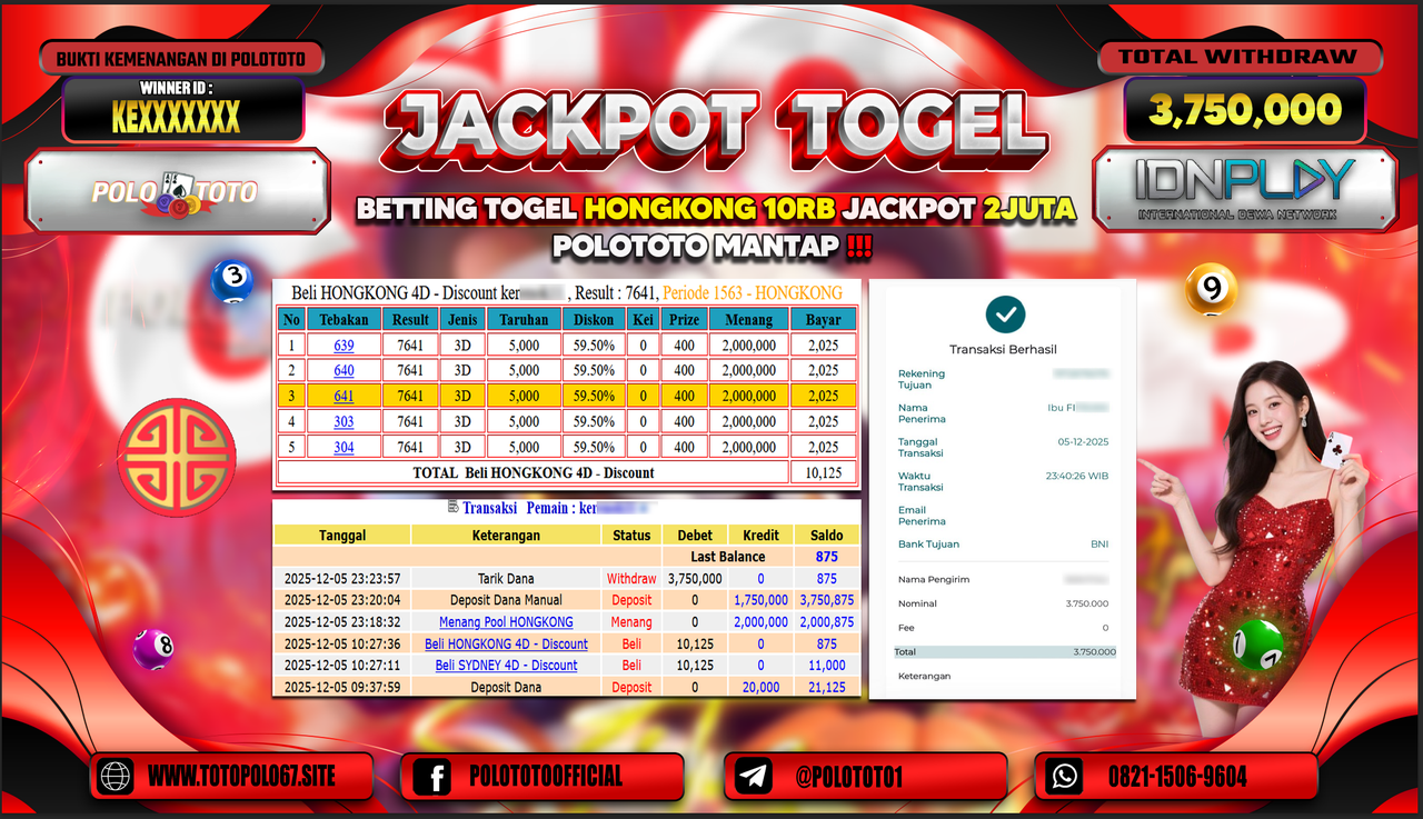 POLOTOTO JACKPOT TOGEL MENANG HONGKONG LOTTO Rp.3.750.000,- LUNAS