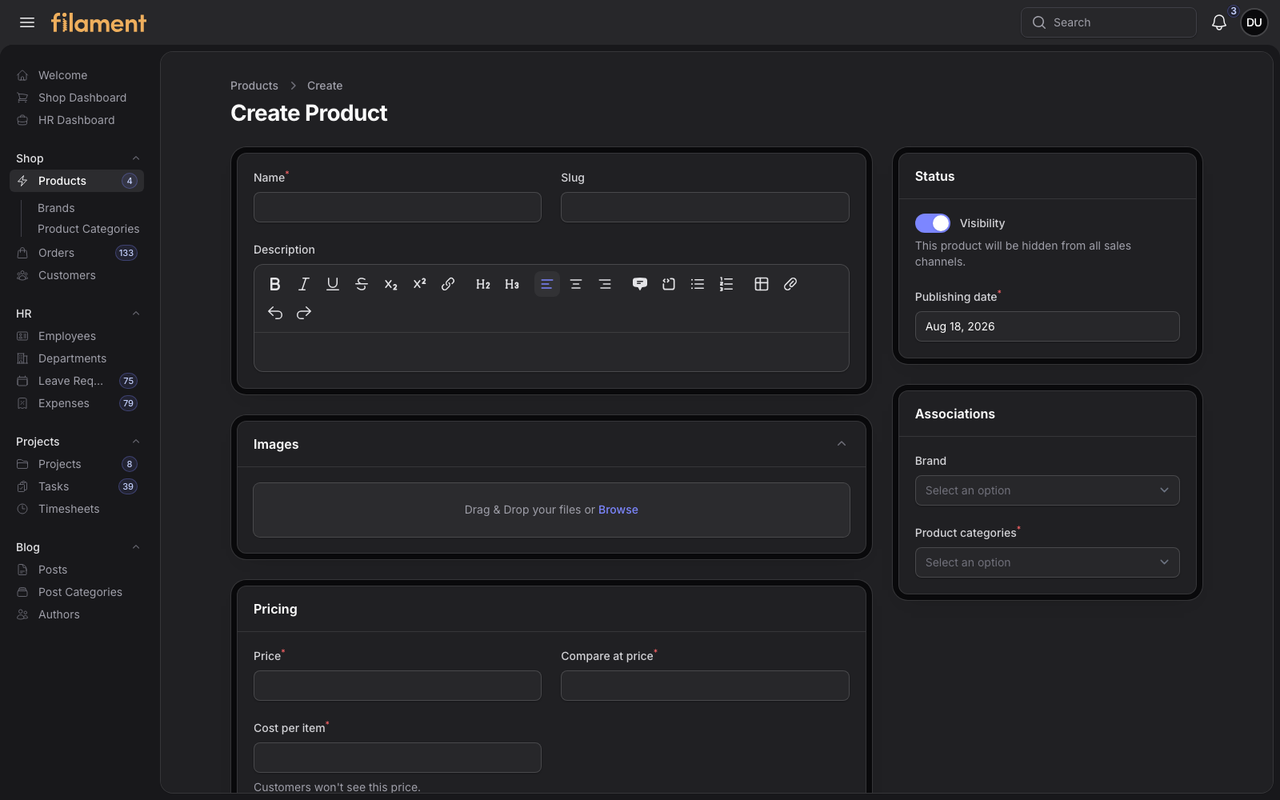 Stature Theme Shop product form in dark mode